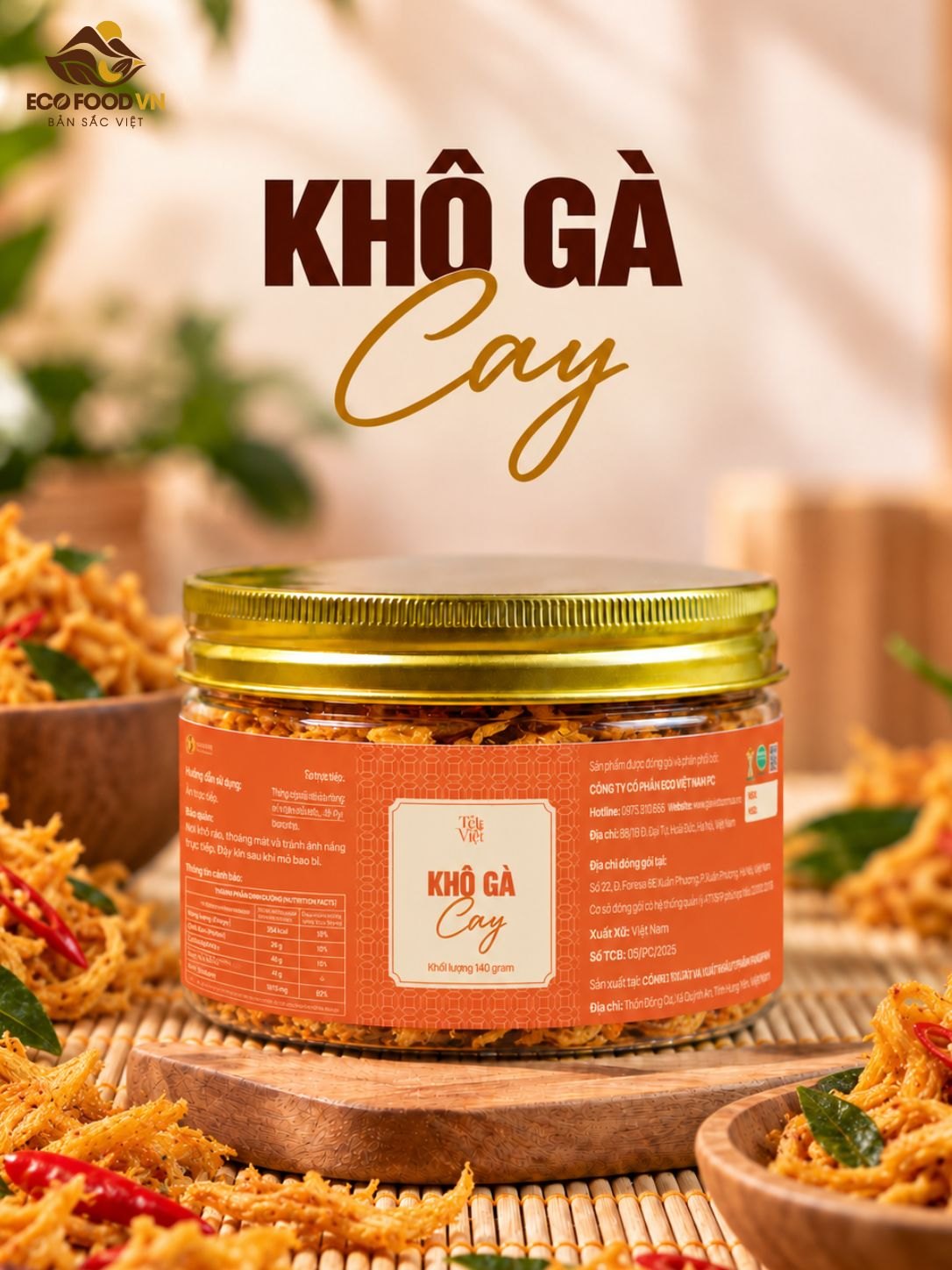 Khô gà cay, hũ 140 gram, ECO FOOD VN