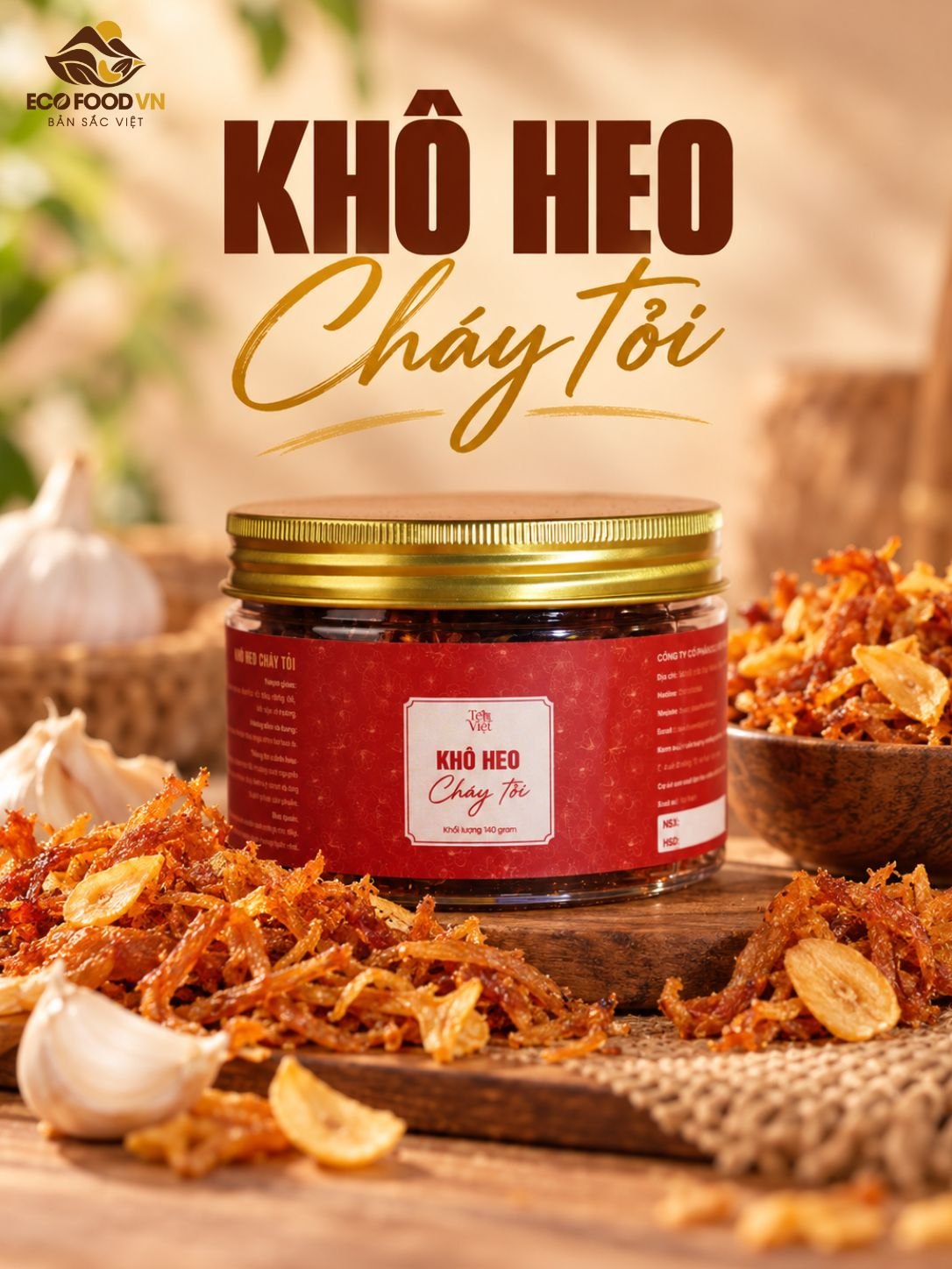 Thịt sấy ăn liền khô heo cháy tỏi, hũ 140 gram, ECO FOOD VN